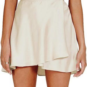 Women's Satin Tie Knot Belted Waist Wrap Skater Mini Short Skirt